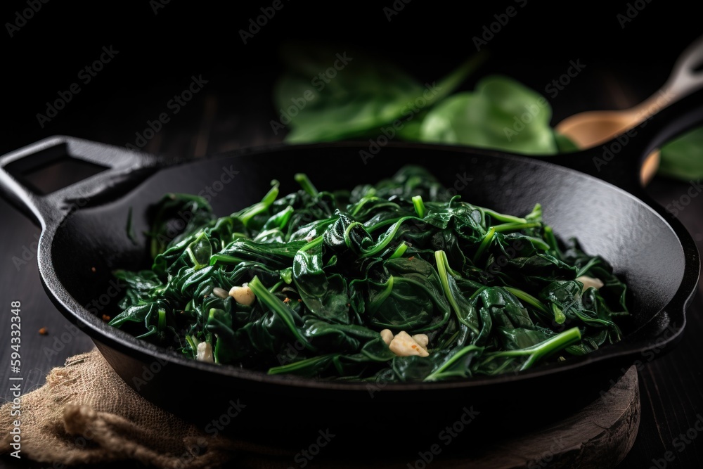  a pan filled with spinach on top of a wooden table next to a wooden spoon and a wooden spoon on the