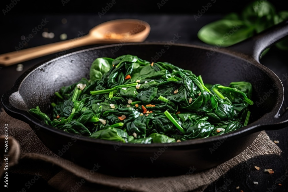 a pan filled with spinach and other vegetables on top of a cloth next to a wooden spoon and a woode