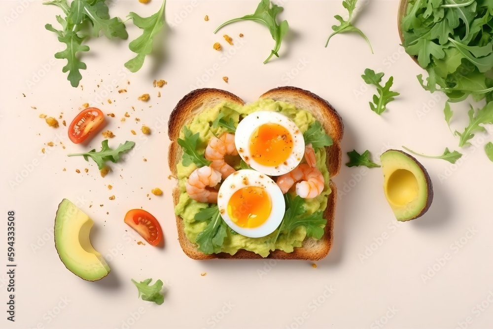  a toast with eggs and avocado on it next to sliced avocado and tomatoes on a white surface with a h
