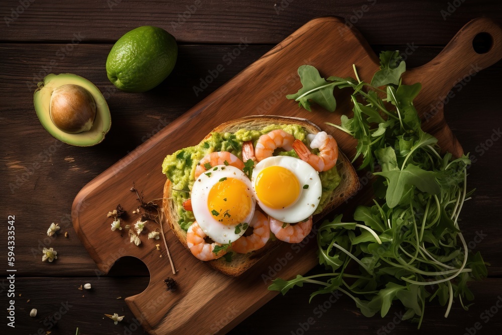  a sandwich with two eggs and avocado on a wooden cutting board next to a lime and an avocado on a w