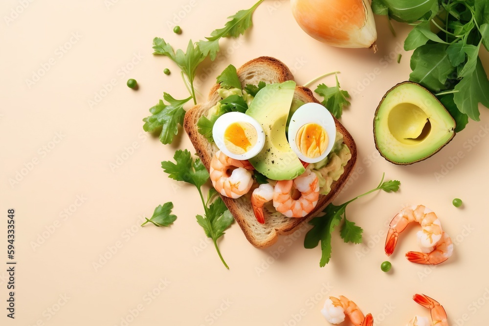  a sandwich with boiled eggs, shrimp, avocado and shrimp on top of a pink background with greens and