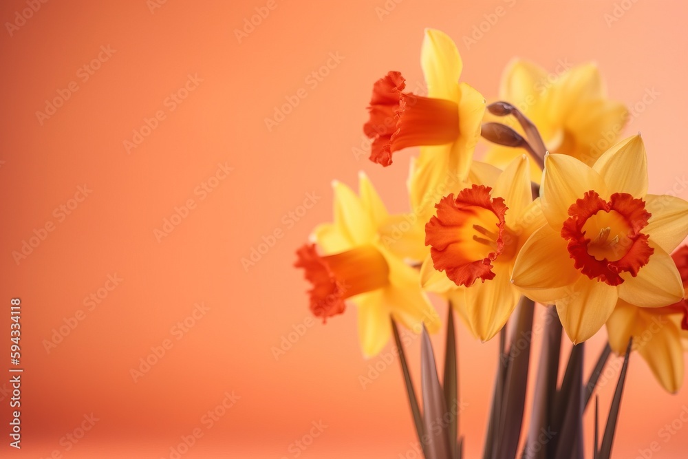  a bunch of yellow and red flowers in a glass vase on a pink background with a pink wall in the back