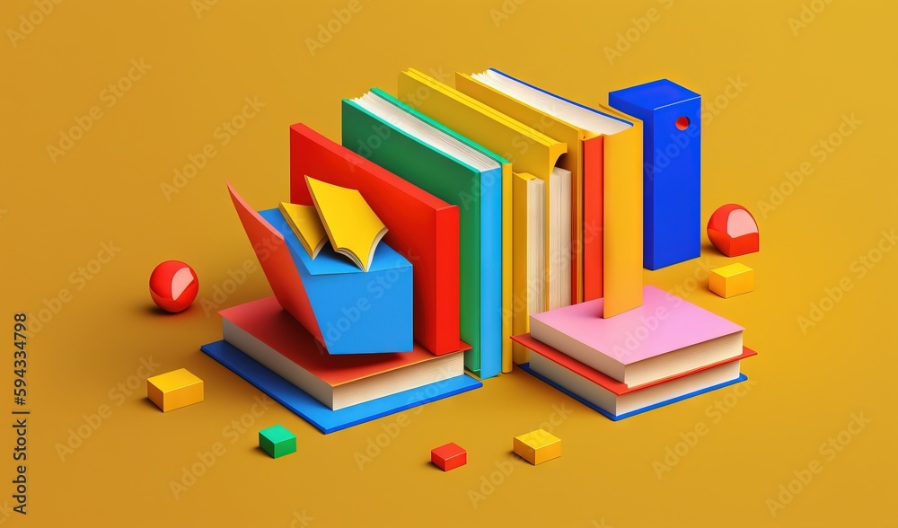  a stack of colorful books sitting on top of a yellow table next to a pile of cubes and a ball of co