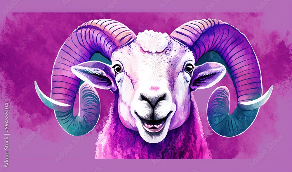  a painting of a ram on a purple background with a pink background and a purple background with a pi