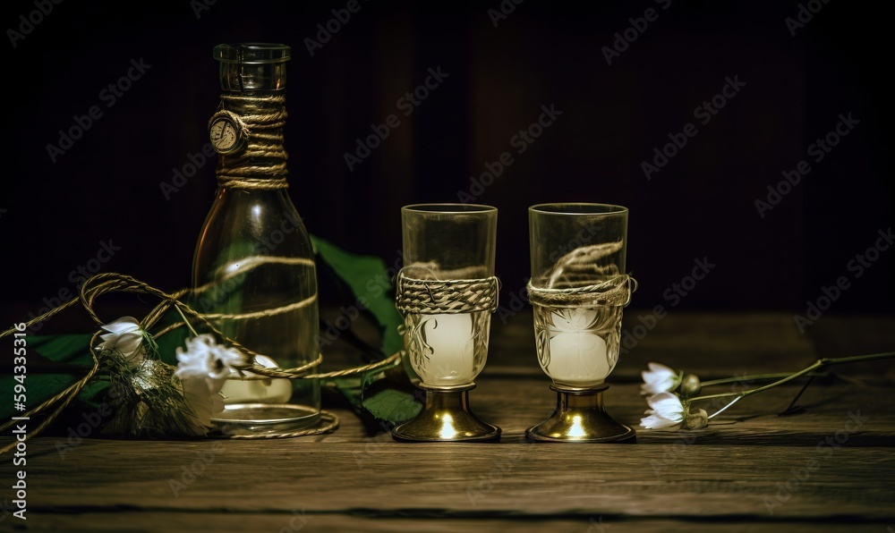  a couple of glasses sitting on top of a wooden table next to a bottle of wine and a vase with flowe