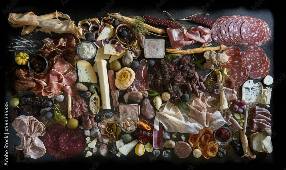  a large assortment of meats and cheeses on a black background with a black border around it and a b