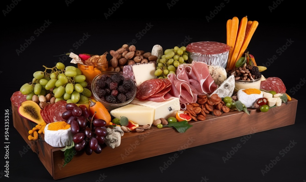  a wooden box filled with lots of different types of cheeses and meats on top of a black surface nex