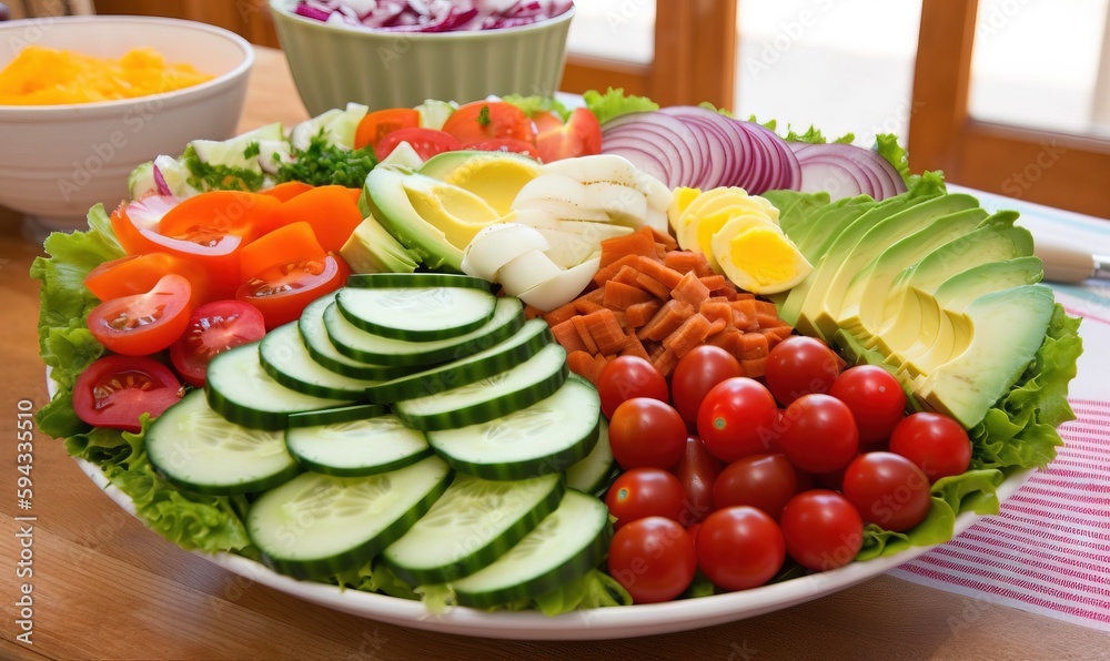 a plate of sliced vegetables on a table with a bowl of salad dressing in the background and a bowl 