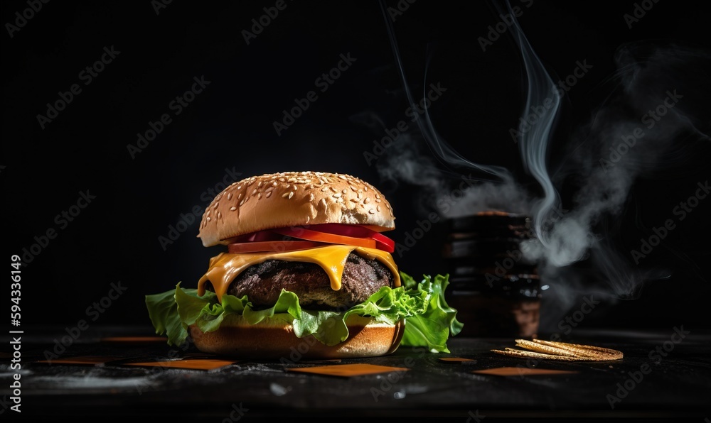  a hamburger with cheese, lettuce, and tomato on a black background with smoke coming out of the bun