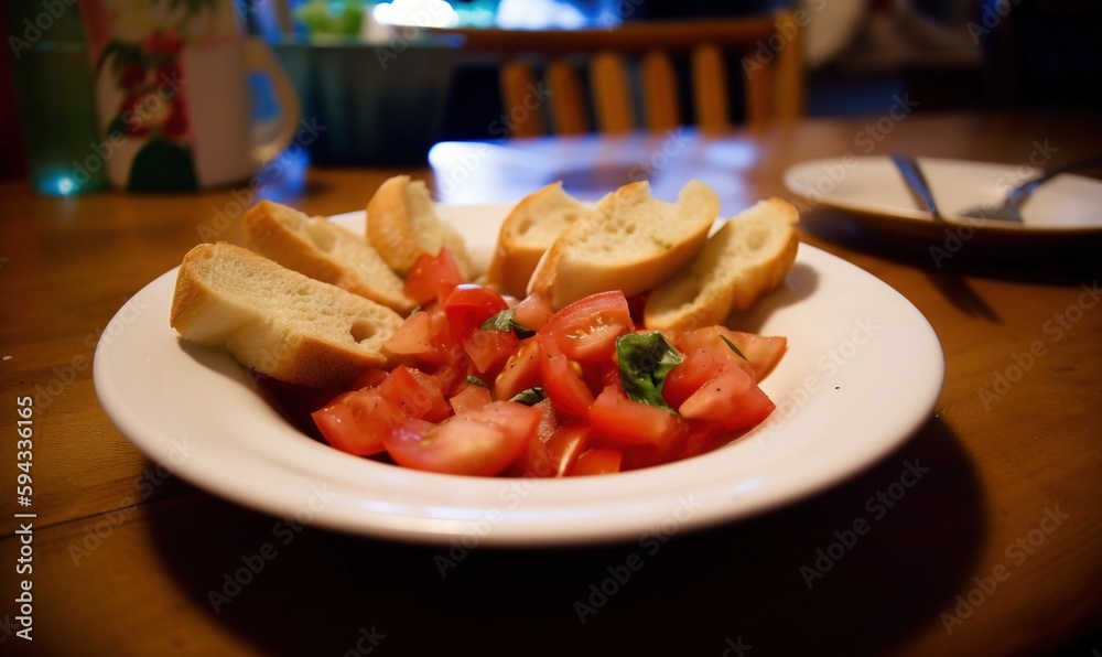  a white plate topped with sliced bread and a pile of sliced tomato slices on top of a wooden table 