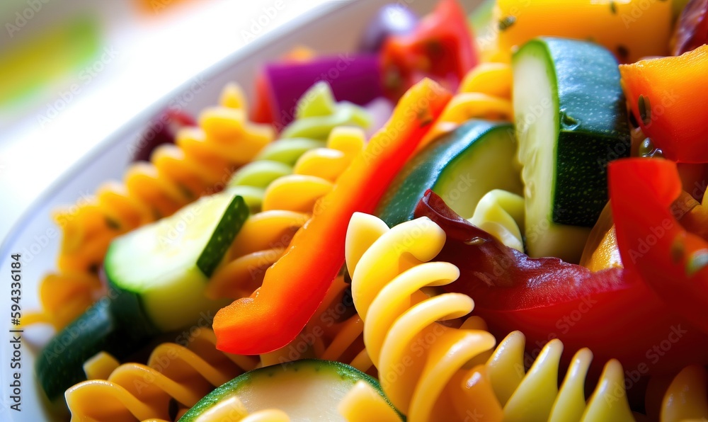  a close up of a plate of pasta with veggies and sauce on top of the pasta and sauce on the bottom o