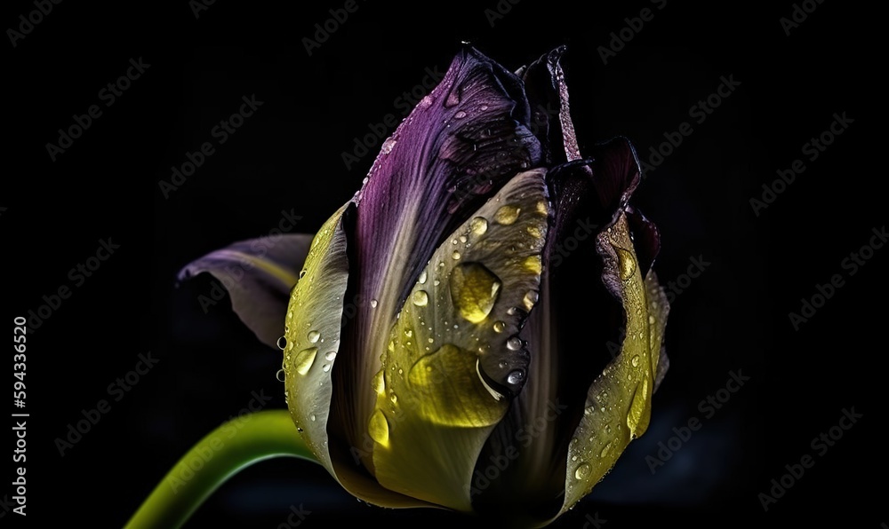  a purple and yellow flower with water droplets on its petals and a green stem in the foreground, o
