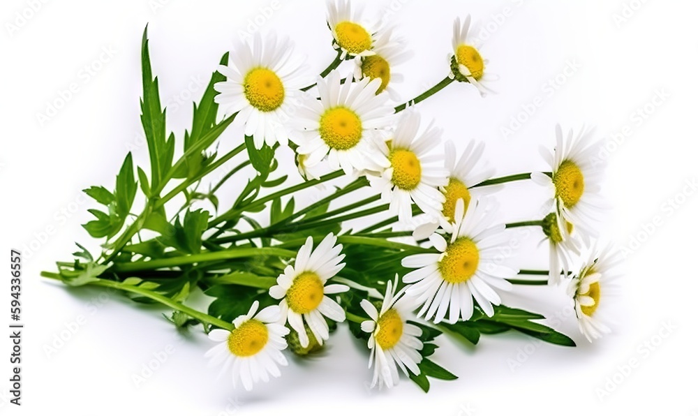  a bunch of white and yellow flowers on a white surface with green stems and leaves in the center of