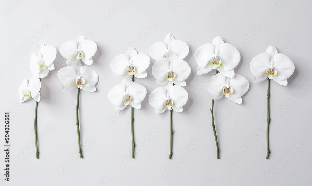  five white orchids lined up in a row on a white background with a yellow center in the middle of th
