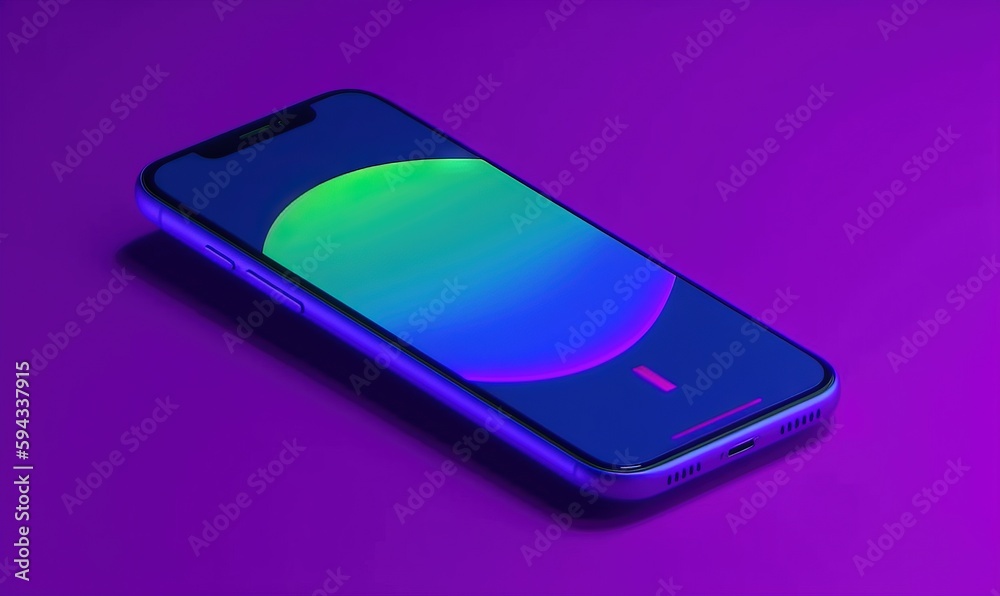  a purple and blue cell phone on a purple surface with a green light in the middle of the phones ba