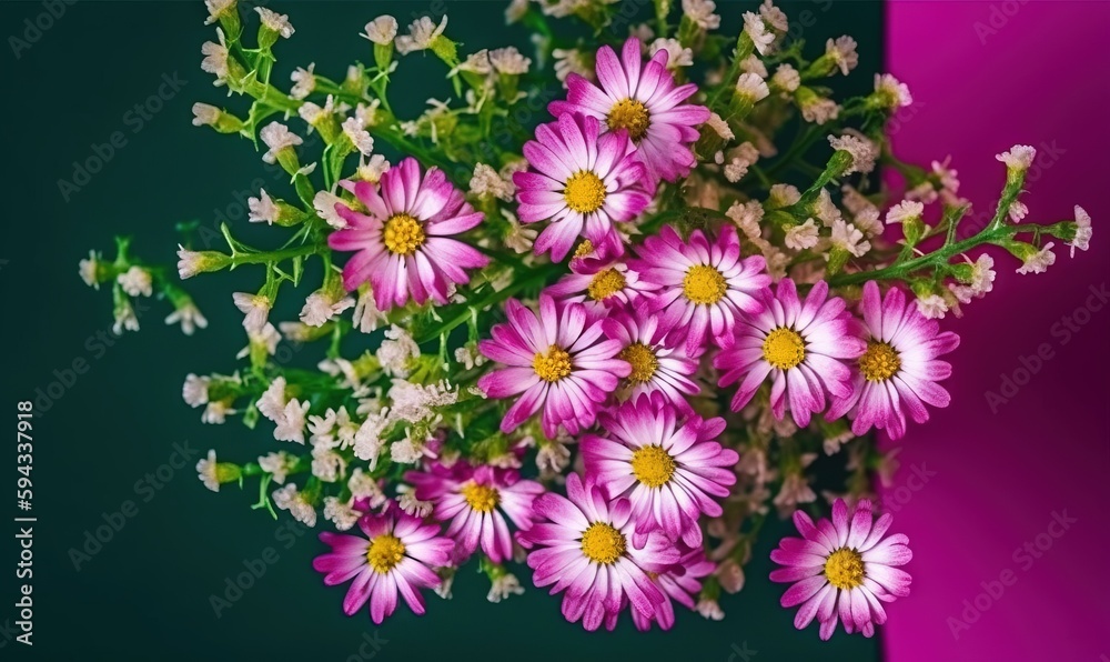 a bouquet of pink and white flowers on a purple and green background with a pink and white stripe i