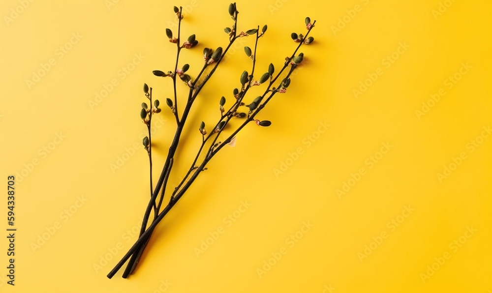  a branch of a tree with buds on a yellow background with space for text or image, top view, flat la
