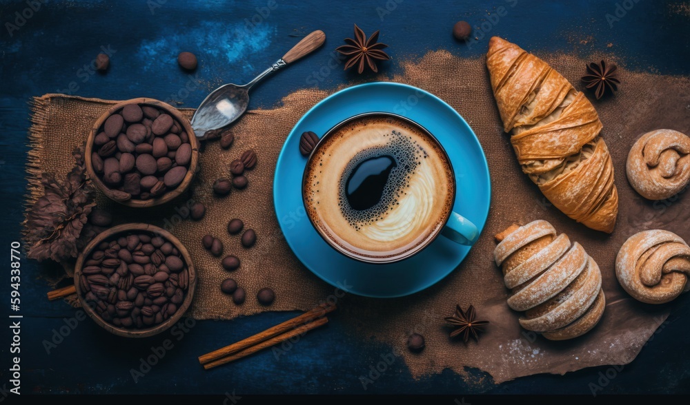  a cup of coffee and some pastries on a cloth with a spoon and spoon rest on a table cloth with a bl