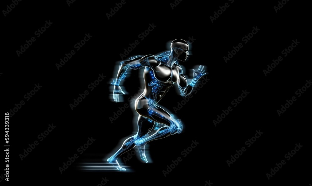  a futuristic man running in the dark with blue lights on his body and hands on his hips, with a bla