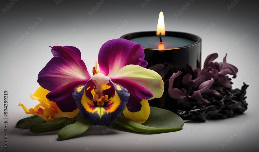  a candle with a flower next to it on a gray background with a flower and a candle on the side of th