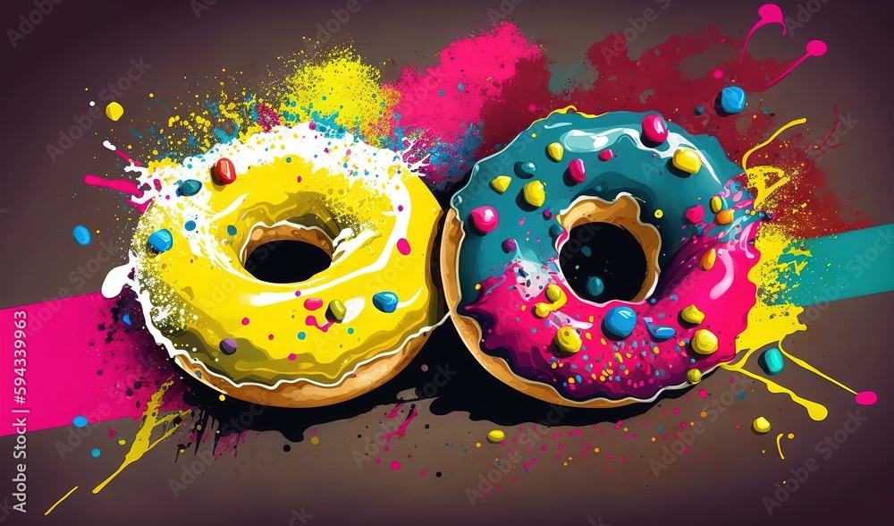  two donuts with sprinkles on a purple and pink background with a pink and blue stripe in the middle