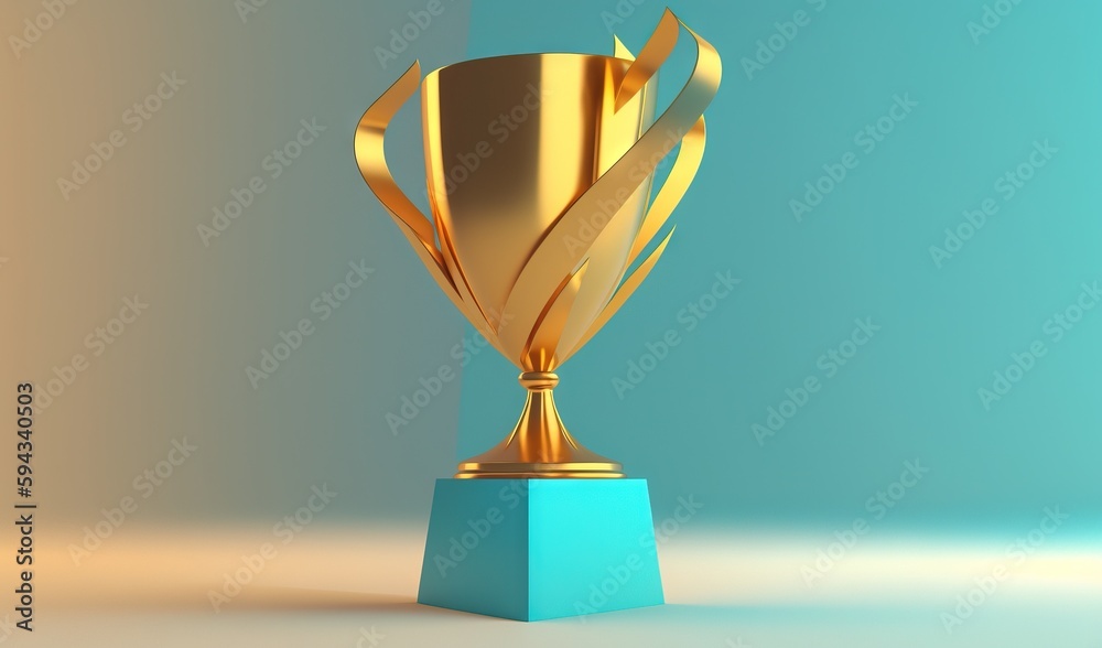  a golden trophy on a blue pedestal against a blue background with a light reflection on the floor i