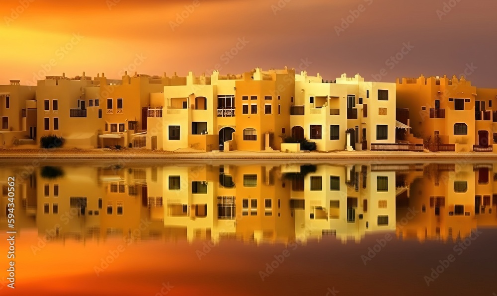  a group of buildings sitting next to each other on a body of water with a sunset in the background 