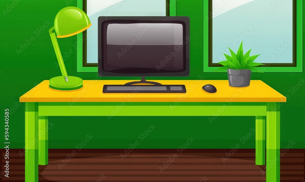  a desk with a computer monitor and a green lamp on it in front of a green wall with a window and a 