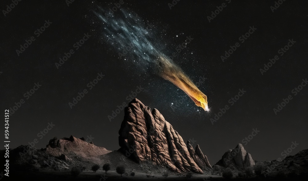  a large object flying over a rocky mountain under a night sky with stars and a bright yellow object