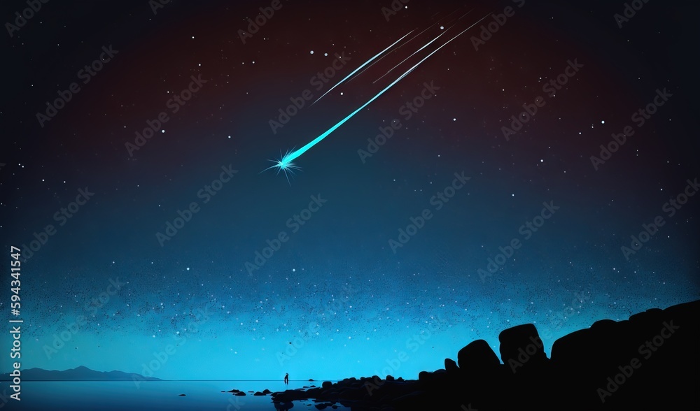  a shooting star in the night sky over a rocky shore and a body of water with rocks in the foregroun