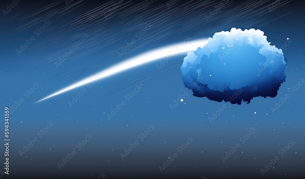  a blue cloud with a white streak in the sky above it and stars in the sky above it, and a blue back