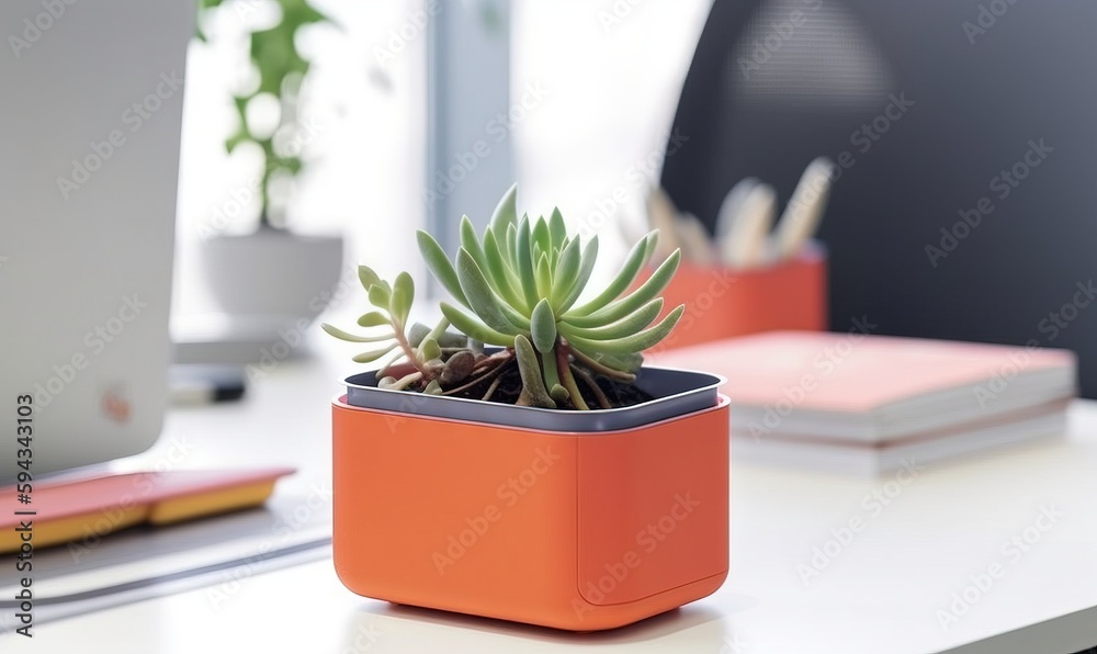  a small plant is sitting in a square pot on a desk next to a laptop computer and a notebook on a de