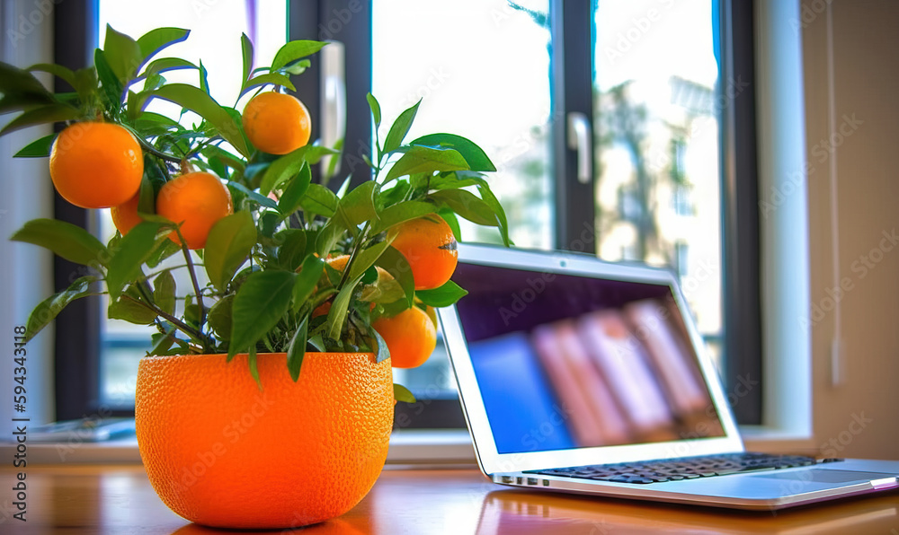  an orange plant in a pot next to a laptop computer on a table in front of a window with a view of a