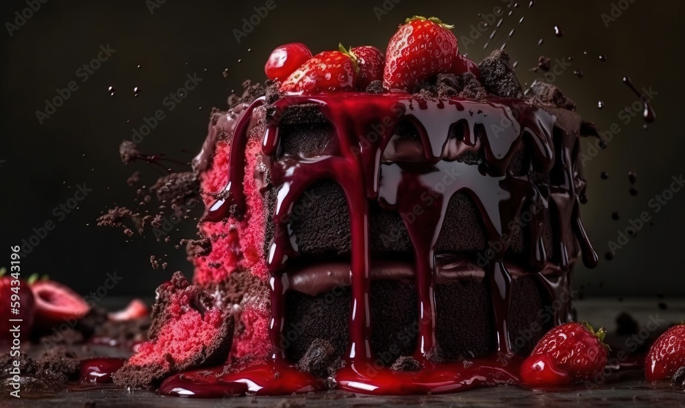  a chocolate cake with strawberries and chocolate sauce on top of it with chocolate chips and strawb