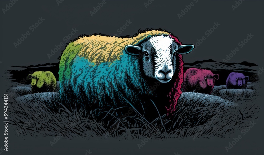  a colorful sheep standing in a field of grass with other sheep in the background on a black backgro