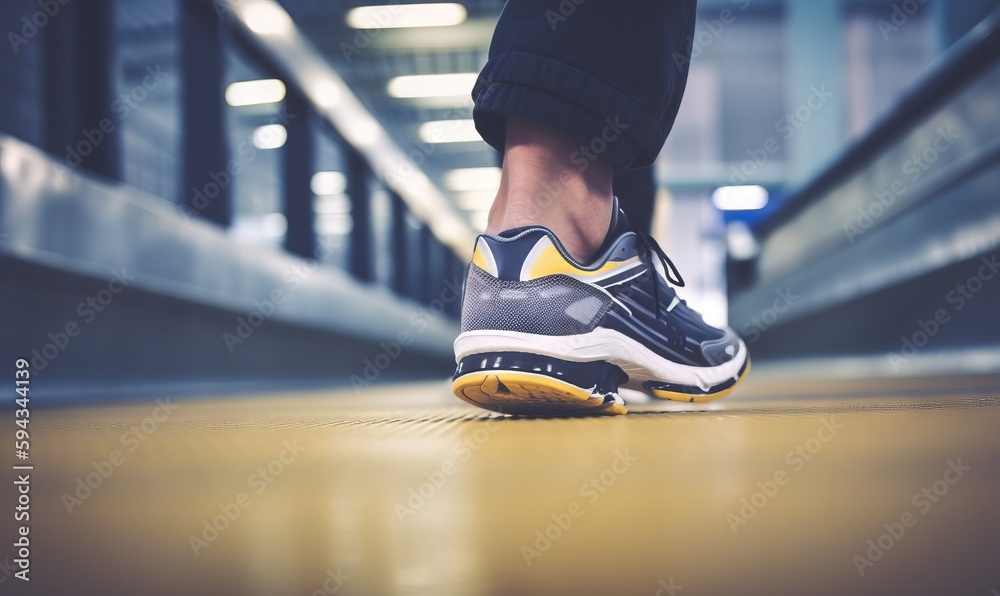  a persons foot in a black and yellow sneaker on the ground in a subway station or subway station w