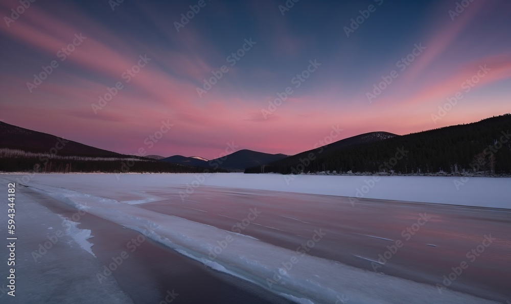  the sun is setting over a frozen lake with mountains in the distance and a pink sky in the distance