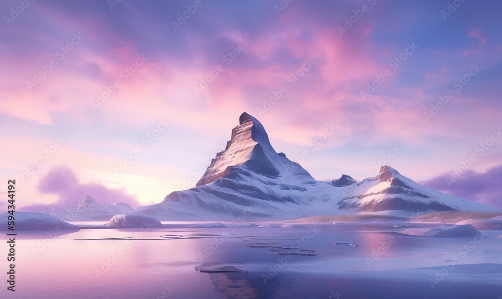  a snowy mountain with icebergs in the foreground and a pink sky in the background with a few clouds