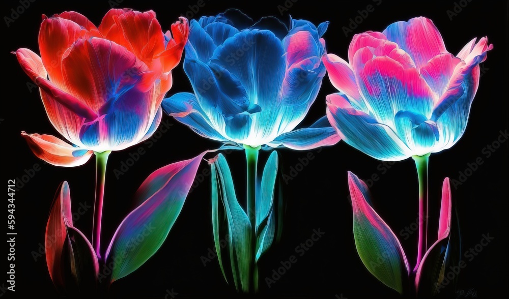  a group of three colorful flowers on a black background with a black background behind them and a b
