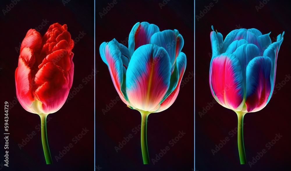  three different colored flowers in a row on a black background with a red and blue center and a blu