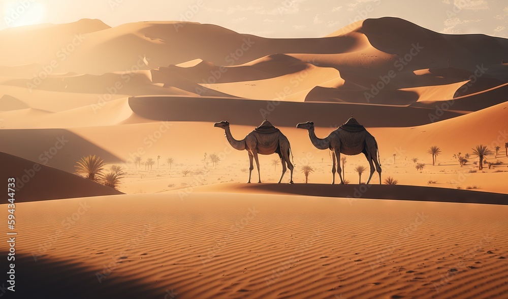  a couple of camels are standing in the desert with the sun shining on the sand dunes and trees in t