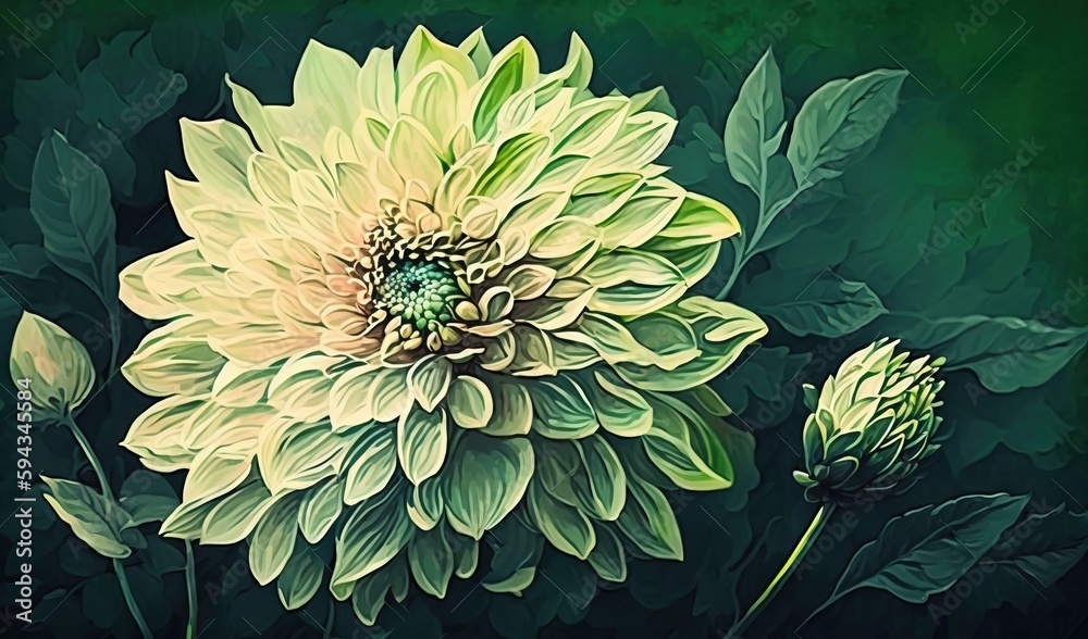  a painting of a yellow flower with green leaves on a black background with a green background and a