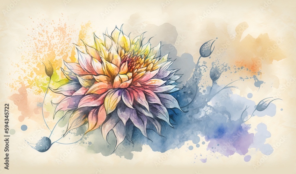  a watercolor painting of a colorful flower on a white background with a splash of paint on the bott