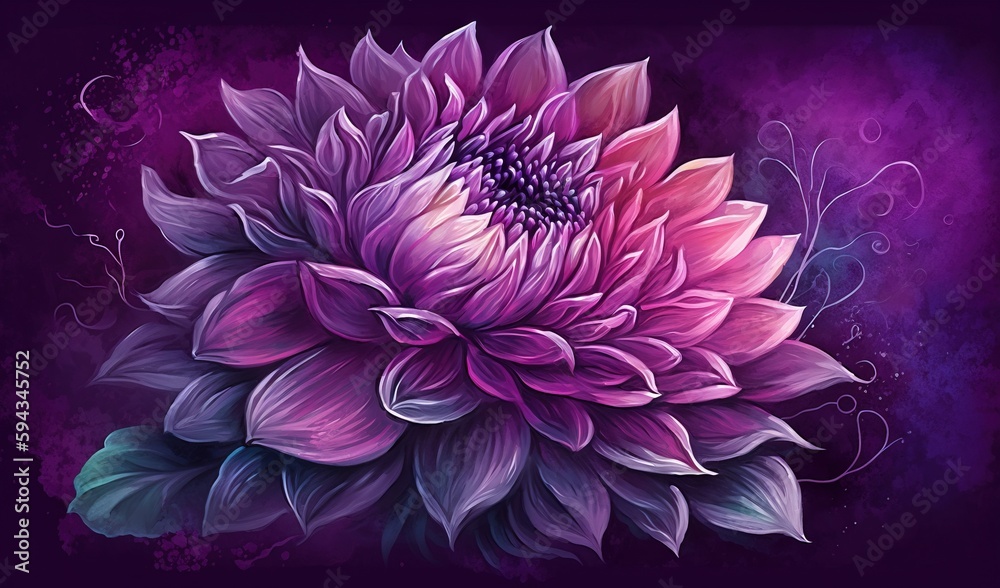  a large purple flower with green leaves on a purple and purple background with swirls and swirls on