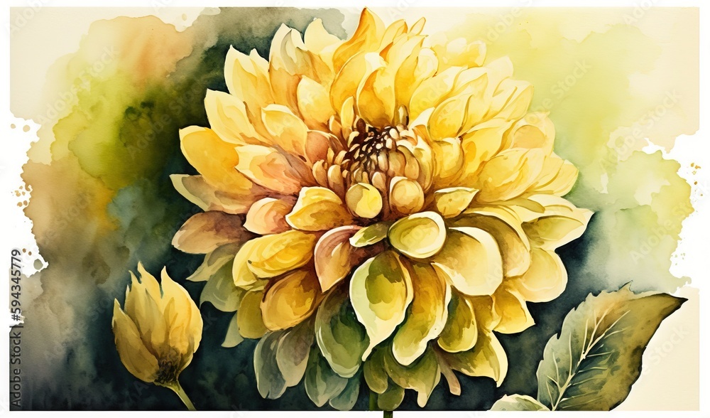  a watercolor painting of a yellow flower with green leaves on a white background with the words, wa