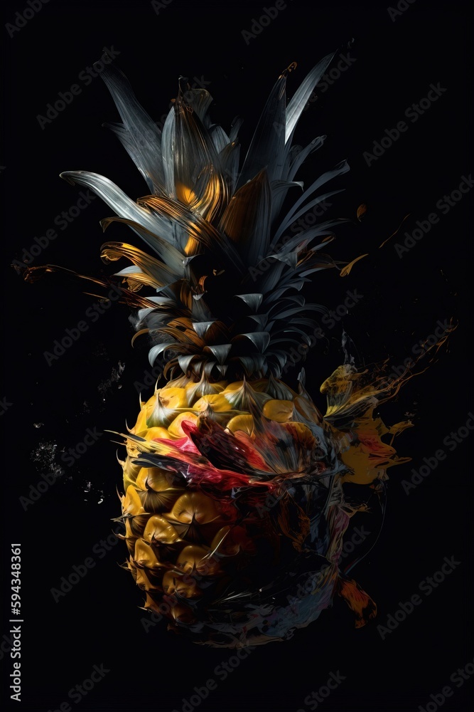  a pineapple with a black background and yellow and red paint splashing on its side and the top of 