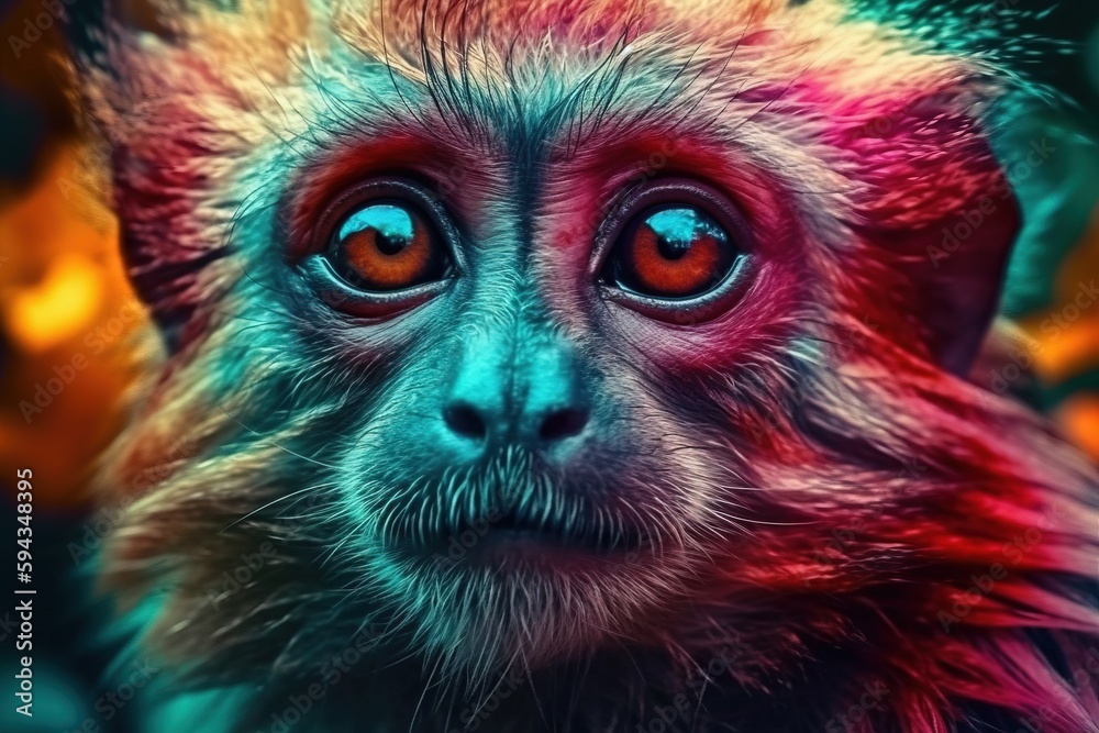  a monkey with a red and blue eye looks at the camera with a blurry look on its face and a blurry ba