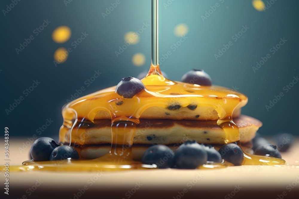 a stack of pancakes with syrup and blueberries on a plate with a fork sticking out of the top of th