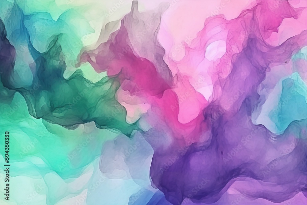  an abstract painting of purple, green, and pink smoke on a white background with a blue sky in the 