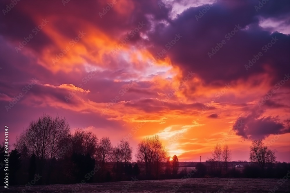  the sun is setting over a field with trees in the foreground and clouds in the background with a re